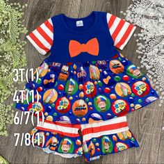 Adorable Girls 2pc Blippi Outfit Includes Embroidered Blue Bow On Top Of Skirted Shirt And Ruffle Shorts. Toddler Boy Formal Wear, Boys Formal Wear, Toddler Girl Fall, Ruffle Outfit, Zara Baby, Adidas Girl, Tracksuit Jacket, Body Suit Outfits, Girls Boutique