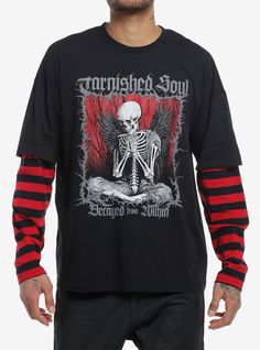 Bring some badassery to your look with this twofer long-sleeve tee with red-and-black stripes on the sleeves  plus a graphic showing an angel skeleton and text reading "Tarnished Soul" and "Decayed from Within." Long Sleeve Halloween T-shirt For Alternative Fashion, Edgy Long Sleeve T-shirt For Fall, Alternative Long Sleeve T-shirt For Fall, Alternative Long Sleeve Fall T-shirt, Alternative Long Sleeve Spring T-shirt, Long Sleeve Alternative Style T-shirt For Spring, Alternative Style Long Sleeve Spring T-shirt, Long Sleeve Band Merch Tops For Alternative Fashion, Punk Style Long Sleeve T-shirt For Spring