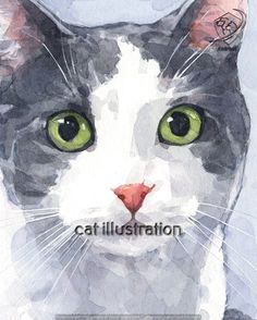 a watercolor painting of a grey and white cat's face with green eyes