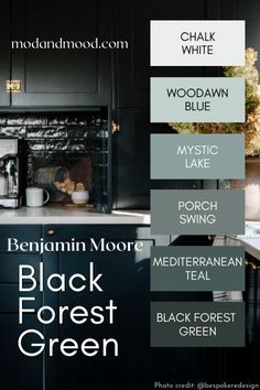 black forest green and white kitchen cabinets with text overlay that reads, modernmod com