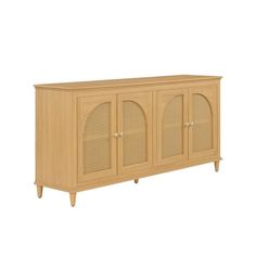 the sideboard is made from wood and has wicker doors