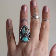 Handmade By Me~ Royston Turquoise Ring. Sterling Silver , Double Split Band Size 6.5 Bohemian Teardrop Turquoise Ring, Rustic Blue Sterling Silver Jewelry, Adjustable Patina Rings, 5 Rings, Royston Turquoise, Ring Color, Ring Sterling Silver, Jewelry Handmade, Womens Jewelry Rings