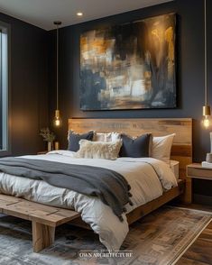 a bedroom with a large painting on the wall above the bed and wooden headboard