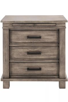 a wooden night stand with two drawers and one drawer on the bottom, in grey wood