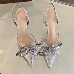 LBSFY - Designer Luxury Pointed Heels Woman Crystal Slingback Shoes Glitter Bow Bride Fine High Heel Sandals Female Muller Pumps Women Shoes Glitter, Spring Trends Outfits, Summer Holiday Outfits, Pointed Heels, Glitter Shoes, Slingback Shoes, Rhinestone Bow, Yellow Shoes, Chic Sweaters