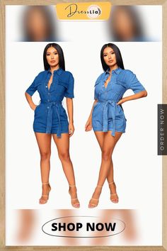 Short Sleeve Button Down Denim Rompers with Belt Summer Button-up Denim Jumpsuit With Buttoned Pockets, Summer Button-up Denim Jumpsuit, Summer Denim Jumpsuit For Work With Button Closure, Summer Workwear Denim Jumpsuit With Button Closure, Spring Button-up Denim Jumpsuit, Workwear Summer Denim Jumpsuit With Buttoned Pockets, Summer Denim Jumpsuit With Buttons For Work, Denim Blue Jeans With Button Closure For Day Out, Summer Button-up Denim Jumpsuit With Pockets