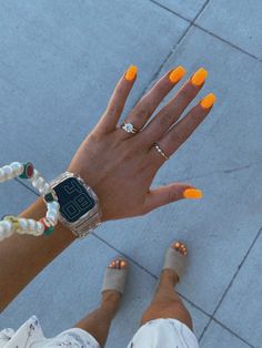 Nails Summer 2023 Square, Short Summer Acrylic Nails Orange, Simple Summer Nails Short Square, Short Bright Orange Nails, Bright Orange Square Nails, Bright Orange Nails Almond, Cute Simple Summer Nails Square, Bright Vacay Nails, Vacation Nails Punta Cana