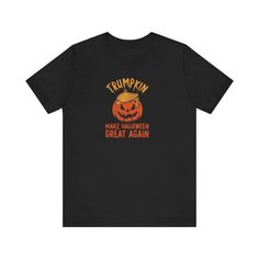 A funny Halloween T-Shirt featuring a unique Trumpkin design, perfect for adding a touch of humor to your spooky celebrations. Made with 100% Airlume combed and ring-spun cotton, this lightweight and breathable T-Shirt is ideal for active and leisure wear. The retail fit and classic crew neckline make it versatile for casual and semi-formal settings. Relevant for Halloween enthusiasts and those looking to add a festive twist to their wardrobe. Product features - 100% Airlume combed and ring-spun cotton fabric - Retail fit suitable for casual and semi-formal wear - Funny Halloween Trumpkin design - Ribbed knit collar with seam for shape retention - Tear-away label for skin irritation prevention Care instructions - Machine wash: cold (max 30C or 90F) - Non-chlorine: bleach as needed - Tumble Halloween Novelty Tops With Funny Text, Funny Orange Halloween T-shirt, Funny Halloween Tops With Text, Funny Pre-shrunk Shirt For Halloween, Halloween Crew Neck Top With Funny Text, Halloween Costume Idea, Semi Formal Wear, Skin Irritation, Halloween T Shirt