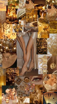 a collage of gold and white images