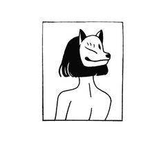 a black and white drawing of a woman's face with a dog on her head