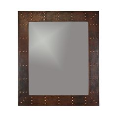 a square metal frame with rivets on the sides and a mirror in the middle