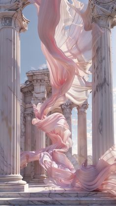 a pink dress blowing in the wind next to columns