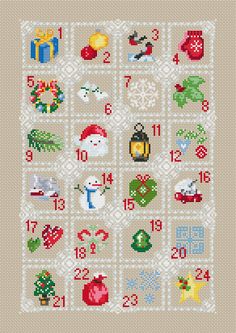 a cross stitch pattern with christmas items and numbers on the front, as well as an ornament