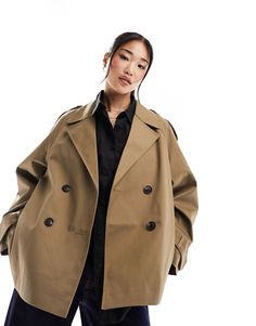 Trendy Oversized Outerwear With Button Cuffs, Oversized Classic Gabardine Outerwear, Oversized Double-breasted Khaki Outerwear, Oversized Classic Khaki Outerwear, Khaki Pea Coat With Button Closure For Work, Classic Khaki Double-breasted Outerwear, Classic Khaki Outerwear With Double-breasted Button, Fall Gabardine Outerwear With Button Cuffs, Olive Oversized Outerwear For Fall