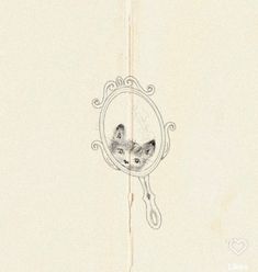 a drawing of two cats peeking through a mirror