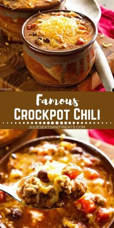 a spoon full of crockpot chili with cheese on top