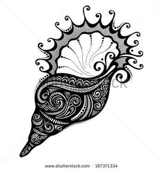 a black and white drawing of a sea shell with intricate designs on it's side