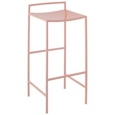 a pink metal stool with a curved seat and backrest on an isolated white background