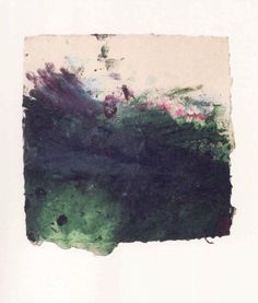 an abstract painting with green and pink colors on white paper, in the middle of a square