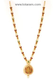 22 Karat Gold 'Lakshmi' Long Necklace with Cz ,Ruby , Emeralds & South Sea Pearls (Temple Jewellery)  - 235-GN4025 - in 38.900 Grams for USD $3262.44. 
Made in India by Totaram Jewelers Online this product is in Gold - 22 Karat BIS Hallmark 916 KDM Gold  & is an excellent gift for Adult - Women. Ships fully insured with secured guaranteed delivery for free with your order over $250 from New Jersey USA & comes with 30 days exchange policy. Luxury Gold Temple Necklace For Women, Luxury Gold Jeweled Temple Necklace, Luxury Gold Plated Temple Necklace, Luxury Yellow Gold Temple Jewelry Bridal Necklace, Luxury 22k Gold Temple Necklace With Stone Work, Luxury Bohemian Gold Temple Necklace, Luxury Gold Temple Jewelry Beads, Luxury Women's Gemstone Temple Necklace, Luxury Handmade Long Temple Necklace