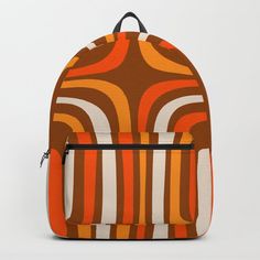 Designing our premium Backpacks is a meticulous process, as Artists have to lay out their artwork on each component. One size fits all men and women, with heavy-duty construction that's able to handle the heavy lifting for all your school and travel needs.       - Standard unisex size: 17.75" (H) x 12.25" (W) x 5.75" (D)    - Crafted with durable spun poly fabric for high print quality    - Interior pocket fits up to 15" laptop    - Padded nylon back and bottom    - Adjustable shoulder straps Orange Backpack, Orange Backpacks, Brown And Orange, D Craft, Heavy Lifting, Retro 70s, Designer Backpacks, Kids Backpacks, Midcentury Modern