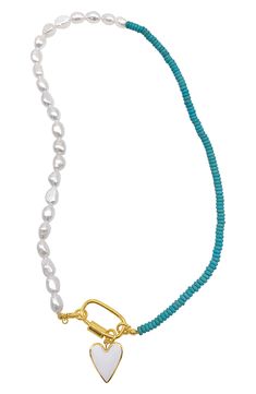 A 50/50 freshwater pearl and turquoise stone bead necklace holds a polished enameled heart, adding a colorful finish to your everyday style. 18" length, 1" pendant Carabiner clasp 14K gold plated brass, freshwater pearl, stone bead, enamel Imported Turquoise Beaded Necklace With Pearl Charm As Gift, Turquoise Pearl Jewelry With Pearl Charm, Elegant Turquoise Pearl Jewelry With Pearl Charm, Blue Jewelry With Pearl Charm And Round Beads, Turquoise Pearl Necklace With Pearl Charm As Gift, Turquoise Pearl Necklace With Colorful Beads As Gift, Turquoise Pearl Necklaces With Pearl Charm, Blue Beaded Necklaces With Pearl Pendant, Blue Beaded Necklace With Pearl Pendant