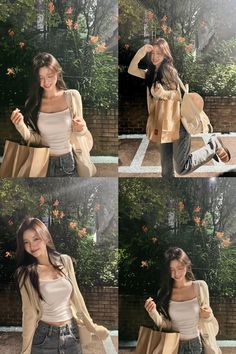 four different pictures of a woman posing for the camera