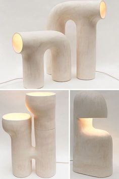 three different views of the same object with light coming from one end and another part