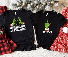 "I Love Matching Christmas Shirts T-shirt, But I Don't Shirt, Sarcastic Mr And Mrs Christmas Outfit, Funny Couples Matching Christmas Tee HOW TO ORDER SHIRT 1-) Please, Check and Review all Photos. 2-) Select Your  Size. 3-) Click ADD TO CART and You can go back to add more product color and text color or You can complete the checkout process. 4-)Please Click \"Proceed to Check Out\" 5-) Finally, Your Custom Shirt will be ready to ship 2-5 Business Day. SIZING Please reference our sizing chart in the photos to ensure correct size selection. Size down on this one for a standard fit. -Colors may vary from monitor to monitor. Please keep that in mind as you are selecting colors since colors can vary slightly from the screen color to the printed product. Shipping: We work hard to ship orders a Mr And Mrs Grinch Shirts, Christmas Outfit Funny, Funny Couple Shirts, Matching Christmas Shirts, Mr Und Mrs, Couple Christmas, Christmas Gifts For Couples, Funny Couples, Funny Christmas Shirts