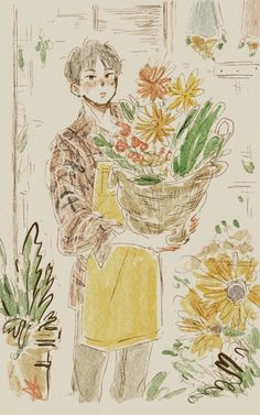 a drawing of a man holding a basket full of flowers