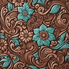 an intricately designed leather background with blue flowers and swirls on the side, in brown