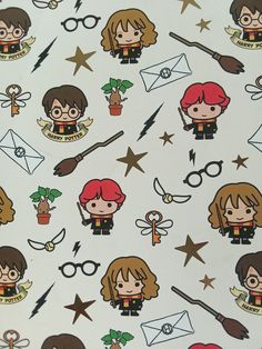 harry potter and hermione's hogwarts pattern on white cotton fabric