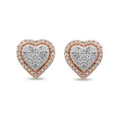 With romantic details, these diamond heart stud earrings are a charming choice. Created in precious 10K rose gold, each sweet earring showcases a heart-shaped composite of multi-sized diamonds. A dainty diamond halo completes the look. Captivating with 1/4 ct. t.w. of diamonds and a brilliant buffed luster, these post earrings secure comfortably with friction backs. Rose Gold Diamond Heart Cut Earrings, Rose Gold Heart Cut Diamond Earrings, Rose Gold Heart Cut Earrings With Diamond Accents, Rose Gold Heart Earrings With Diamond Accents, Heart-shaped Rose Gold Earrings With Diamond Accents, Heart Shaped Rose Gold Earrings With Diamond Accents, Sweet Earrings, What A Girl Wants, Heart Stud Earrings