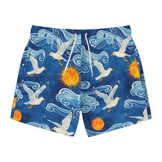 Nothing can swoosh down the summer heat like a dive into the sea - or into the nearest pool. These personalized swim trunks are here to take on your exclusive designs and most playful patterns. With an all-over-print capability accompanied by vivid colors, these swim trunks help you conquer the summer season in custom style.  .: Material: 100% polyester .: Mesh-lined side pockets .: Extra light fabric (3.54 oz/yd² (120 g/m .: Fast-dry fabric .: Mesh basket lining  .: Printed care label inside .: Playful Blue Swimwear For Water Sports, Blue Graphic Print Swimwear For Poolside, Playful Bottoms For Summer Surfing, Blue Graphic Print Beachwear Swimwear, Blue Graphic Print Swimwear, Playful Summer Surfing Bottoms, Playful Printed Swimming Bottoms, Printed Swim Trunks For Poolside Vacation, Playful Printed Swim Trunks For Summer