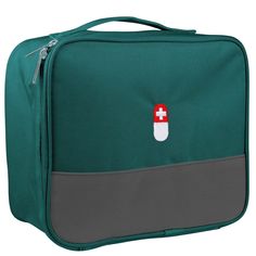 a green bag with a red cross on the front and grey sides, sitting upright