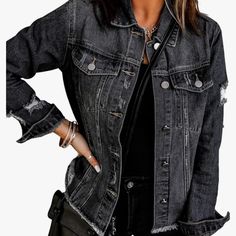 Retro Black Distressed Frayed Jean Jacket With Ripped Raw Hem, Flap Pockets Long Sleeve Distressed Lapel & Back Pattern New - Never Worn Measurements: Approximately Bust Size: 48.1 Inch, Length: 24.8 Inch, Sleeve Length: 24.8 Inch Ripped Long Sleeve Outerwear For Fall, Distressed Long Sleeve Grunge Outerwear, Distressed Long Sleeve Outerwear In Grunge Style, Winter Ripped Long Sleeve Outerwear, Trendy Distressed Black Outerwear, Ripped Long Sleeve Outerwear For Winter, Edgy Ripped Winter Outerwear, Casual Black Ripped Outerwear, Black Distressed Denim Jacket For Spring