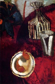 a painting of a vase and fruit on a red table cloth with a white plate