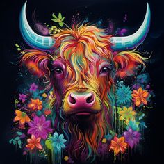 a colorful bull with horns and flowers on it's face