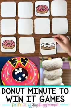 donuts and doughnuts are shown with the words donut minute to win it games