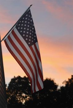 an american flag is flying in the air at sunset or dawn with trees behind it