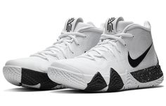 The Nike Kyrie 4 'White' is the perfect basketball shoe for athletes who want a sleek and versatile look. The white upper with black Swoosh is clean and classic, while the paint splatter pattern on the midsole adds a touch of personality. The curved midsole and outsole design improve transitions during lateral movements, making this shoe ideal for quick players who need to make quick cuts on the court. With its superior style and performance, the Nike Kyrie 4 'White' is a must-have for any serio Women Converse, Shoes Fila, Girls Basketball Shoes, Shoes Balenciaga, Champion Shoes