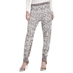 Take laid-back looks to a whole new level of chic in this jacquard lace print pant.Mid-rise waist.Allover lace jacquard pattern.Banded waist.Banded hems.70% Silk, 30% Rayon.Hand Wash.Measures approximately 29" at inseam. Elegant Lace Bottoms With Elastic Waistband, Elegant Jacquard Bottoms For Spring, Spring Chic Jacquard Bottoms, Chic Spring Jacquard Bottoms, Chic Jacquard Bottoms For Spring, Fitted Jacquard Knit Bottoms, Scalloped Lace Dress, Print Pant, Sweat Pant