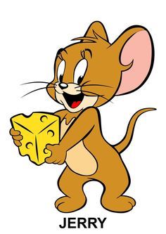 a cartoon mouse holding a piece of cheese with the word jerry on it's chest