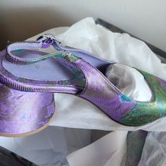 Jeffrey Campbell Ferra Purple And Green Brocade Slingback Pumps Sz 8.5 Never Worn Purple High Heel Slingback Pumps For Spring, Purple Slingback Pumps With Ankle Strap, Spring Purple Slingback Pumps With Heel Strap, Purple Slingback Pumps For Spring, Purple Ankle Strap Slingback Pumps With Heel Strap, Purple Slingback Heels For Summer, Summer Purple Slingback Heels, Purple Slingback Pumps For Spring Party, Spring Party Purple Slingback Pumps