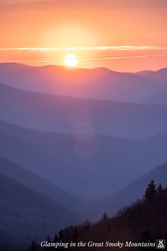 the sun is setting over the mountains in the foggy valley range, with pine trees and evergreens