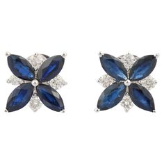 Studs create a subtle beauty while showcasing the colors of the natural precious gemstones and illuminating diamonds making a statement. Marquise cut blue sapphire earrings in 18K gold. Embrace your look with these stunning pair of earrings suitable for any occasion to complete your outfit. PRODUCT DETAILS :- > Material - 18K Solid White Gold > Gemstone - Blue Sapphire > Gemstone shape - Marquise > Gemstone Weight - 2.34 ct > Gemstone pcs - 8 > Gemstone Size - 6 x 3 mm > Diamond Weight - 0.35 ct Luxury Blue Diamond Earrings, Luxury Blue Diamond Earrings With Prong Setting, Luxury Blue Diamond Earrings With Accents, Blue Sapphire Diamond Earrings With Brilliant Cut, Luxury Blue Diamond Earrings With Brilliant Cut, Blue Diamond Gemstone Earrings For Anniversary, Blue Gemstone Diamond Earrings For Anniversary, Exquisite Blue Earrings With Diamond Accents, Formal Blue Multi-stone Gemstones