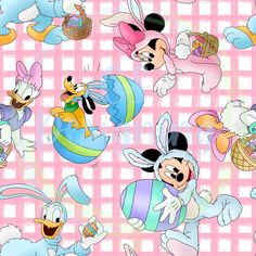 an image of some cartoon characters on a pink and white checkered background with eggs