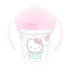 the hello kitty sippy cup has a pink lid