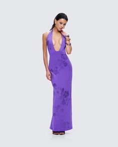 We see a dinner date in your future 😉 Dress to impress in this elegant yet sultry purple maxi dress made from jersey fabric and complete with a low plunge neckline, halter ties, and rhinestone detailing ✨💜 Purple Fitted Backless Maxi Dress, Fitted Purple Halter Neck Maxi Dress, Fitted Purple Backless Maxi Dress, Purple Maxi Evening Dress For Night Out, Purple V-neck Maxi Dress For Date Night, Purple Maxi Evening Dress For Summer, Glamorous Fitted Purple Maxi Dress, Purple Halter Neck Maxi Dress For Party, Purple V-neck Maxi Dress For Prom