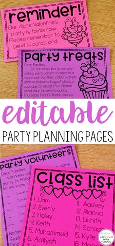 editable party planning pages with cupcakes in pink and black on the table